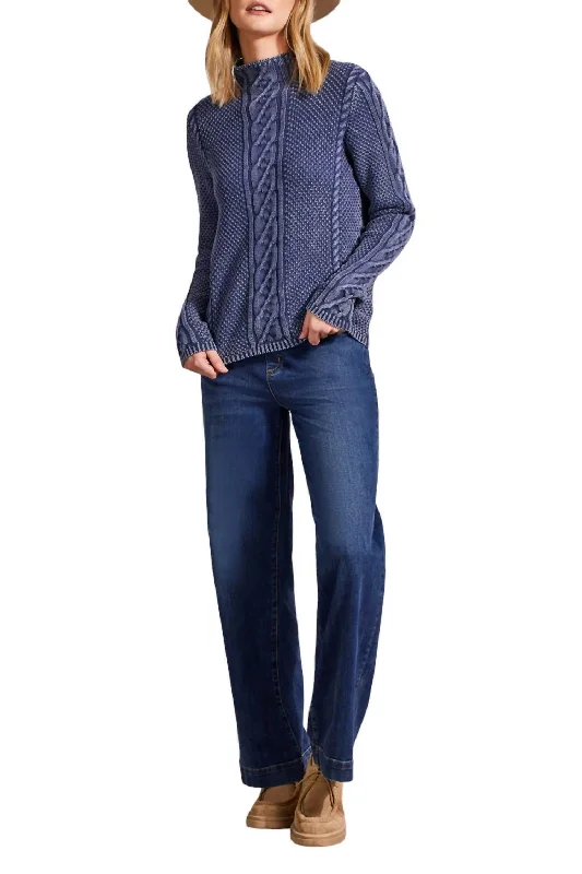 Funnel Neck Cable Sweater In Blue Jay