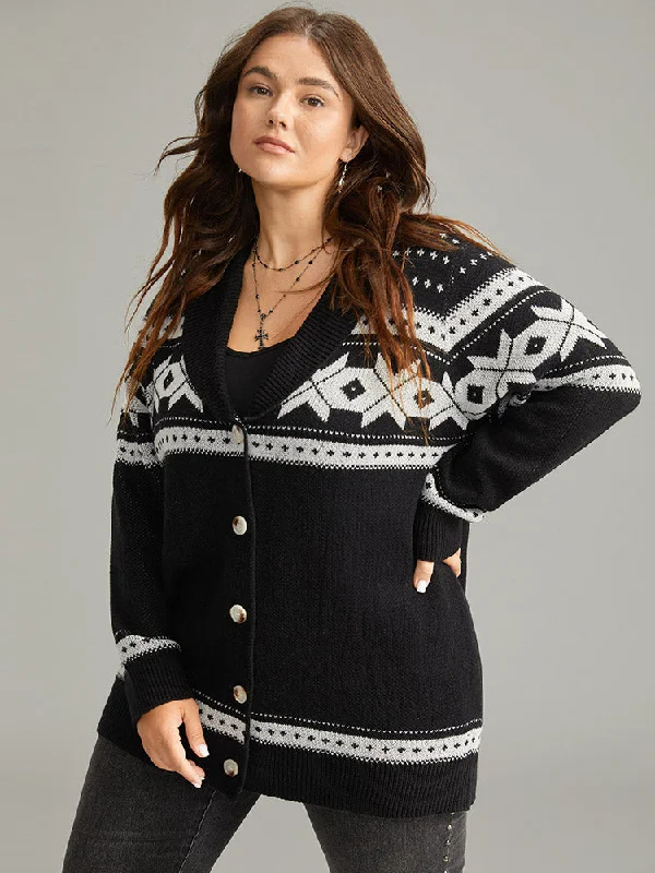 Geometric Contrast Button Through Cardigan