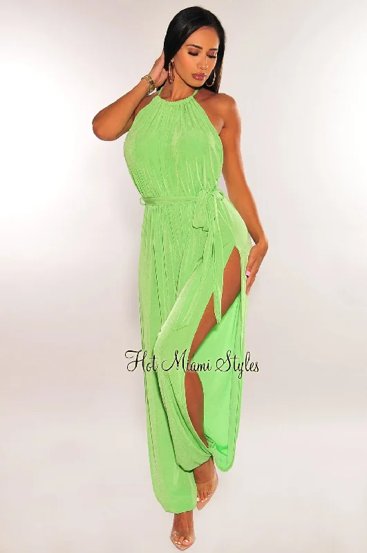 Kelly Green Slit Hem Belted Harem Jumpsuit