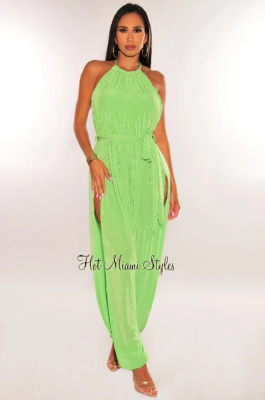 green-slit-hem-belted-harem-jumpsuit