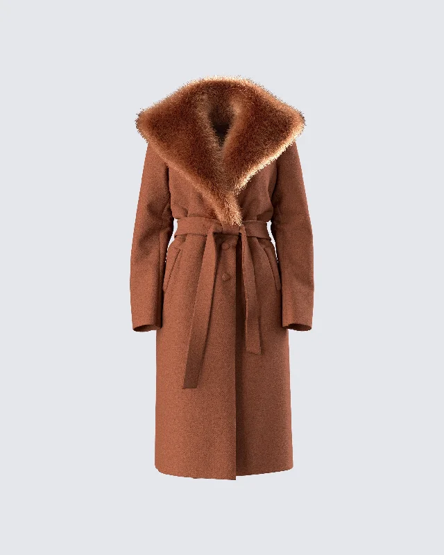 Hala Brown Faux Fur Trim Coat