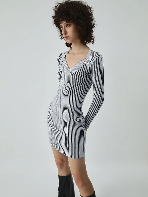 Halter Long Sleeve Short Sweater Dress