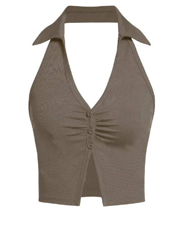 Halter Neck Collared Backless Front Button Grey Crop Top