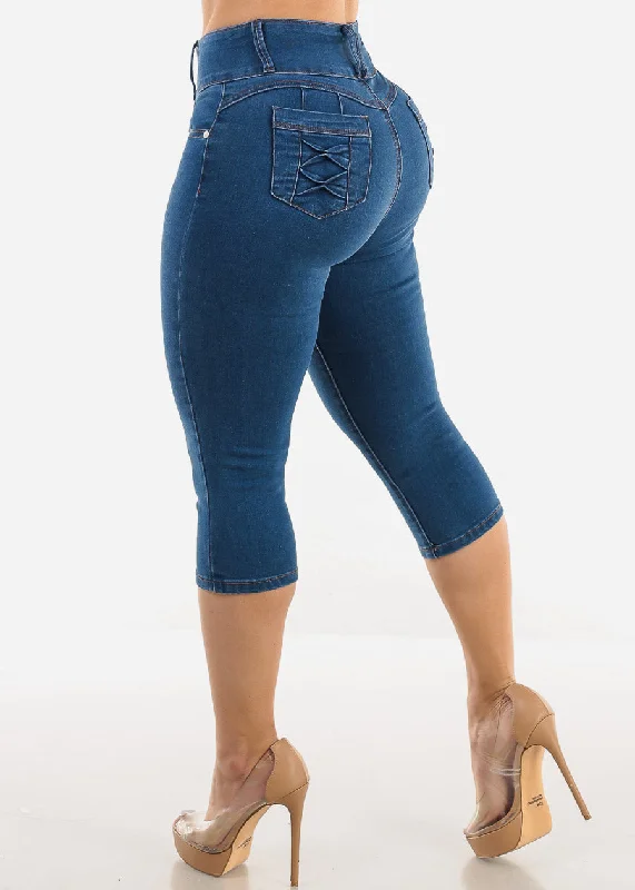 High Waisted Butt Lifting Indigo Denim Capris