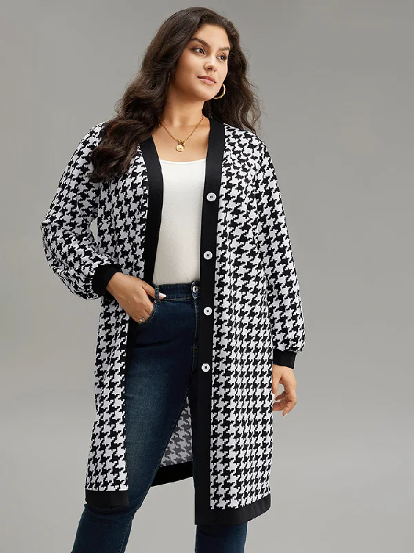 Houndstooth Button Through Contrast Trim Jacket