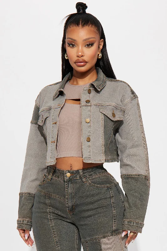 In Reverse Cropped Stretch Denim Jacket - Grey/combo