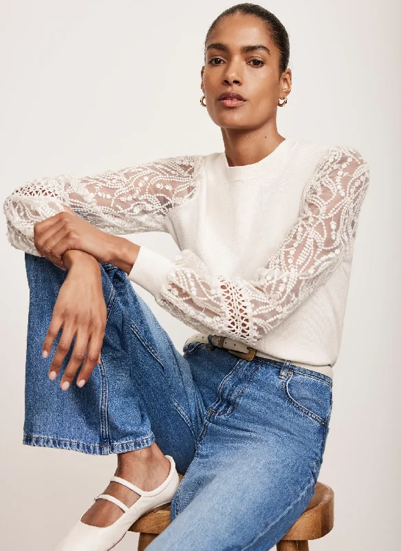 White Embroidered Sleeve Jumper