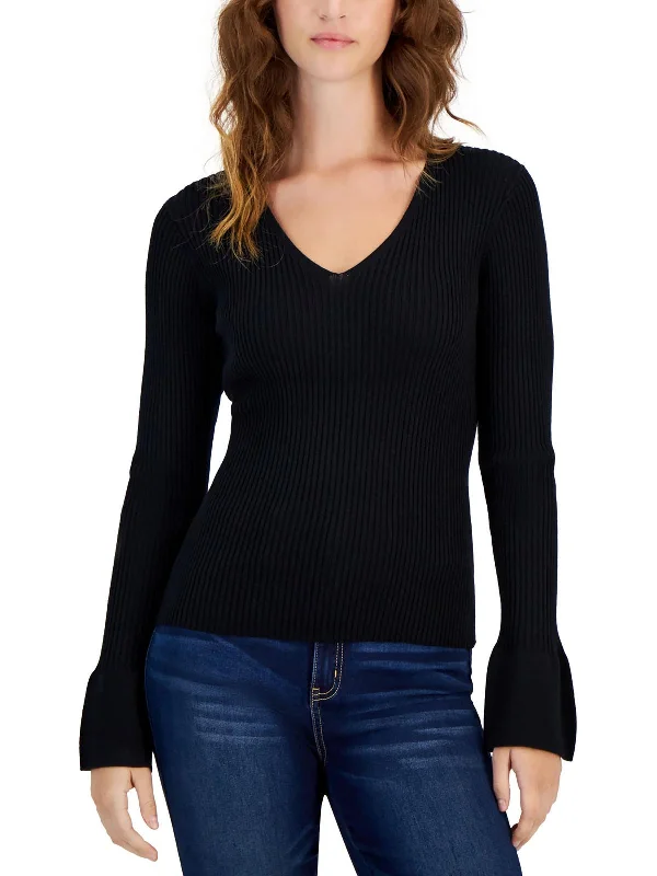 Juniors Womens Bell Sleeves V- Neck Pullover Sweater