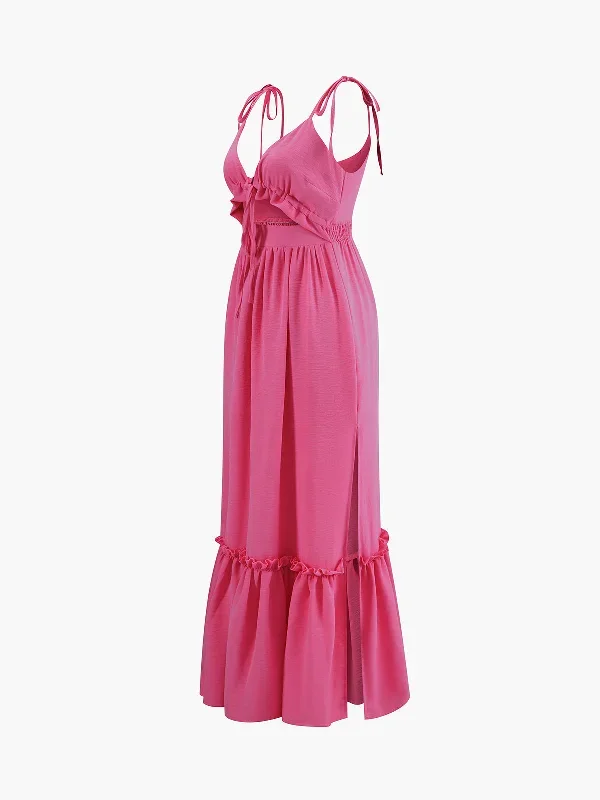 knotted-cutout-ruffle-split-long-dress