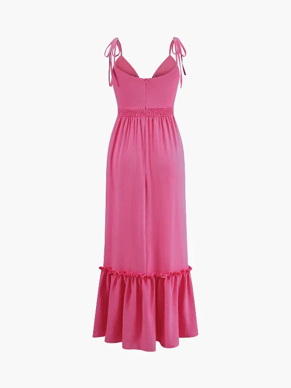 knotted-cutout-ruffle-split-long-dress