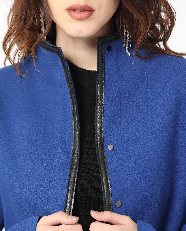 Rareism Women'S Kraus Blue Polyester Fabric Full Sleeves Solid High Neck Jacket