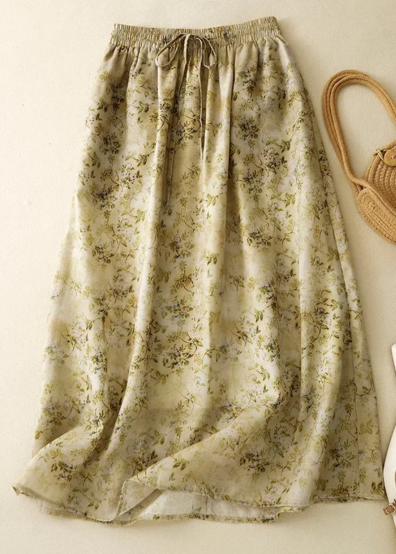 loose-green-print-elastic-waist-cotton-skirt-summer