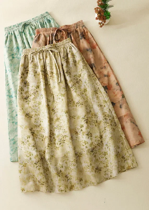 loose-green-print-elastic-waist-cotton-skirt-summer