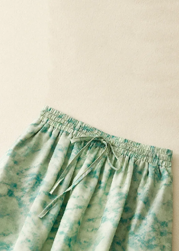 loose-green-print-elastic-waist-cotton-skirt-summer