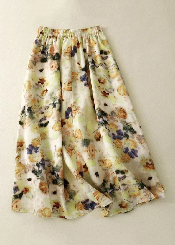 loose-yellow-print-elastic-waist-cotton-skirts-summer