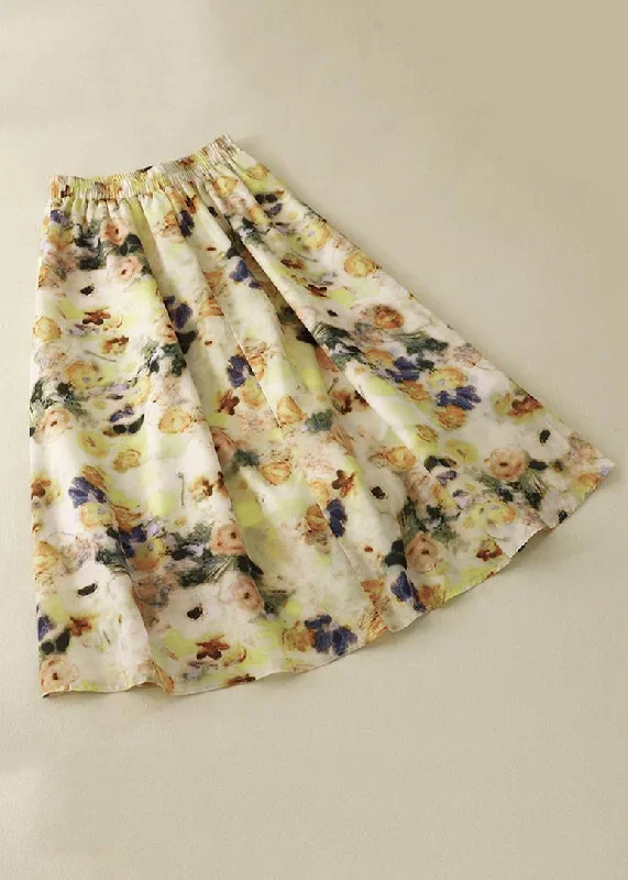 loose-yellow-print-elastic-waist-cotton-skirts-summer