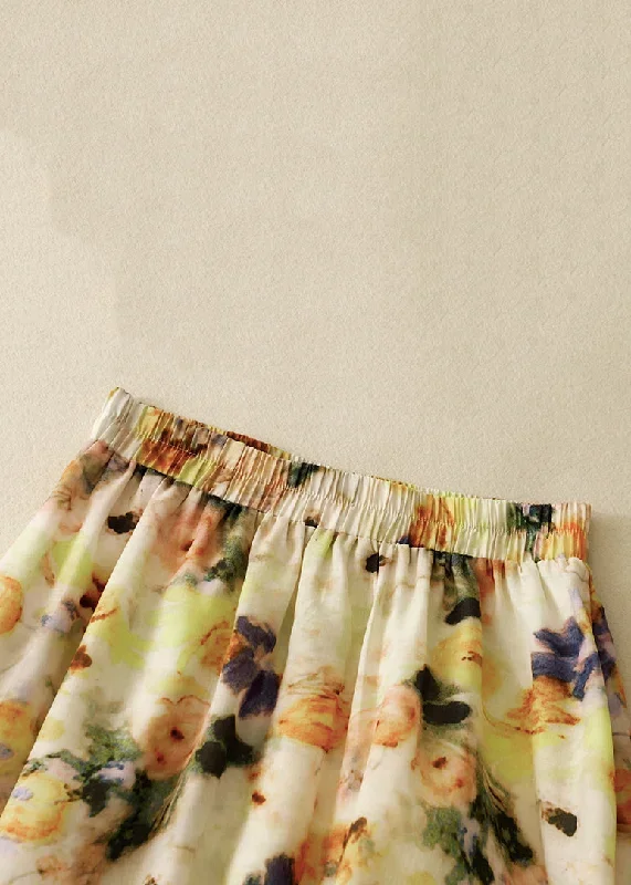 loose-yellow-print-elastic-waist-cotton-skirts-summer