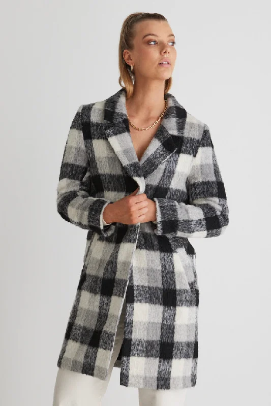 Luna Black Check Single Breasted Long Coat