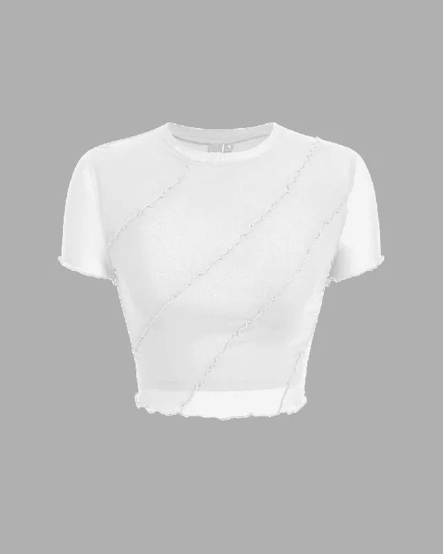 Mesh Panel Short Sleeve White Crop Top