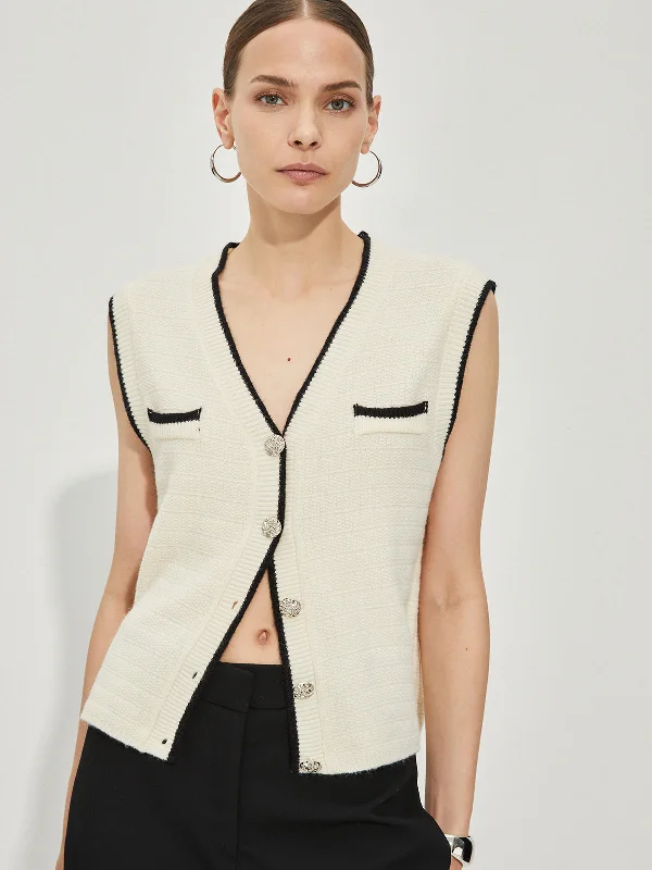 Metal Button Contrast Trim Sweater Vest