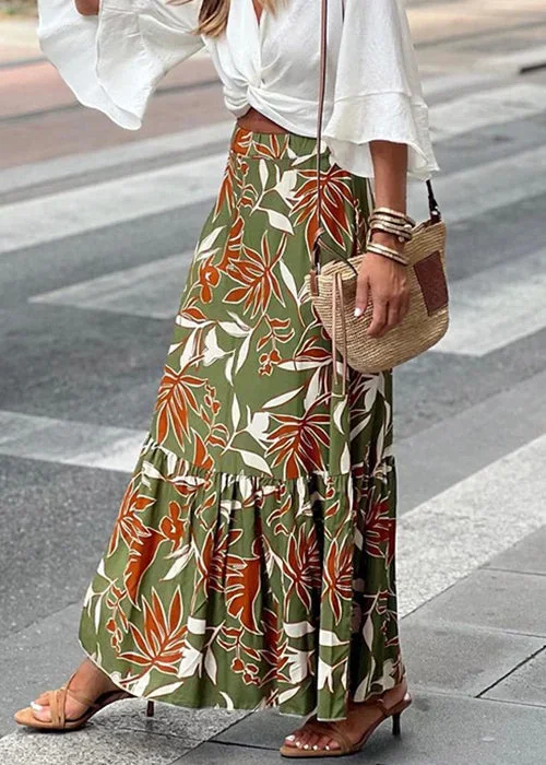 New Green Print Elastic Waist Cotton Maxi Skirts Summer