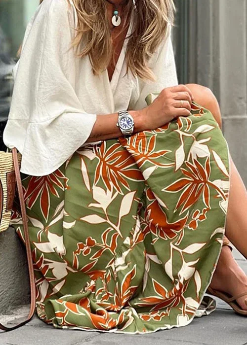 new-green-print-elastic-waist-cotton-maxi-skirts-summer