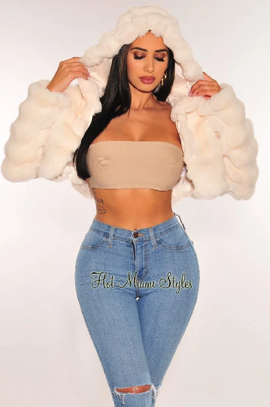 Off White Hooded Faux Fur Crop Jacket