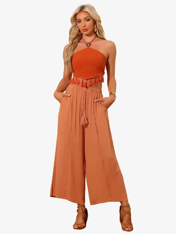 Casual Pants Elastic High Waist Drawstring Wide Leg Palazzo Trousers