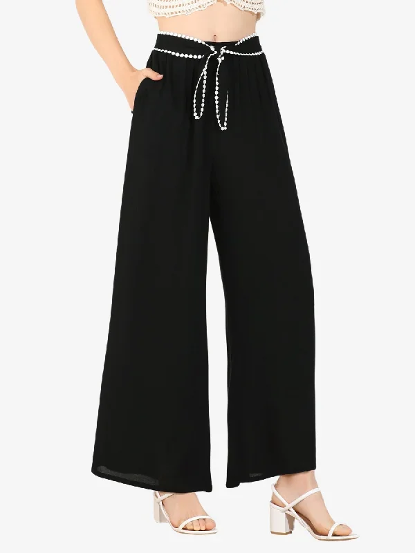 Elastic Waist Lace Tie Trousers Casual Wide Leg Long Pants