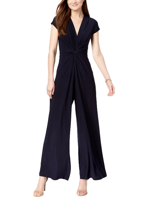 Petites Womens Knit Twist Front Jumpsuit