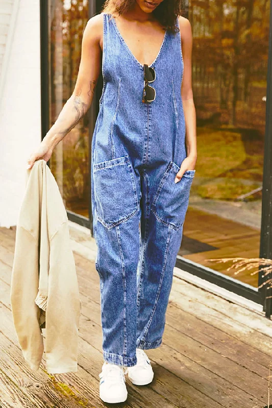 Pocket V Neck Suspender Denim Jumpsuit