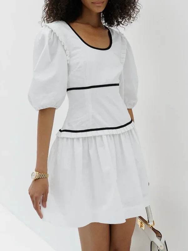 pure-cotton-contrast-line-elastic-cuff-short-dress