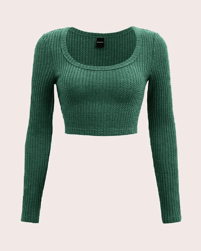 Round Neck Long Sleeves Fitted Green Crop Top