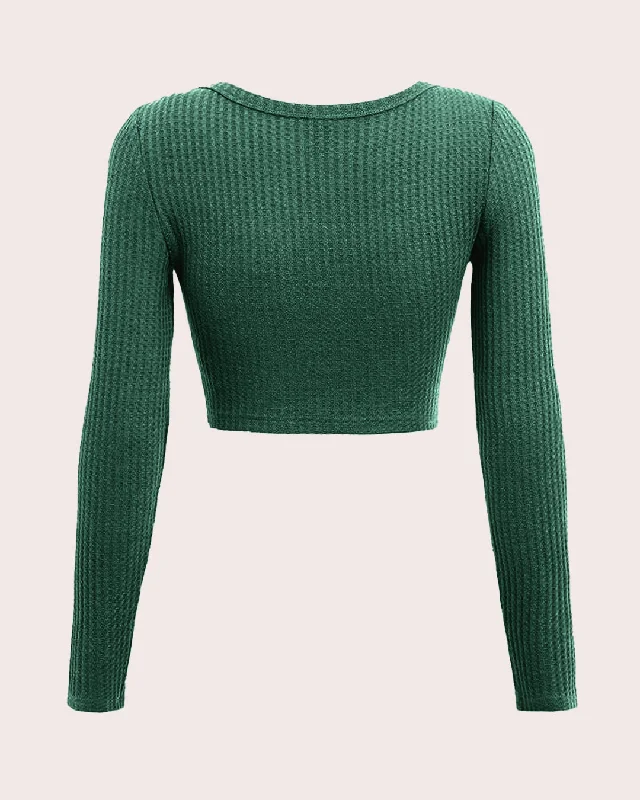 round-neck-long-sleeves-fitted-green-crop-top