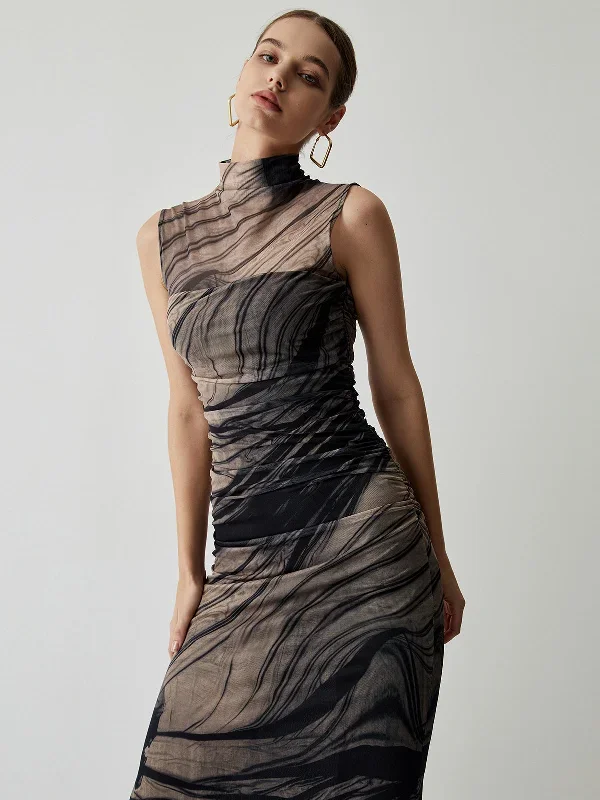 ruched-tulle-mesh-mock-neck-long-dress