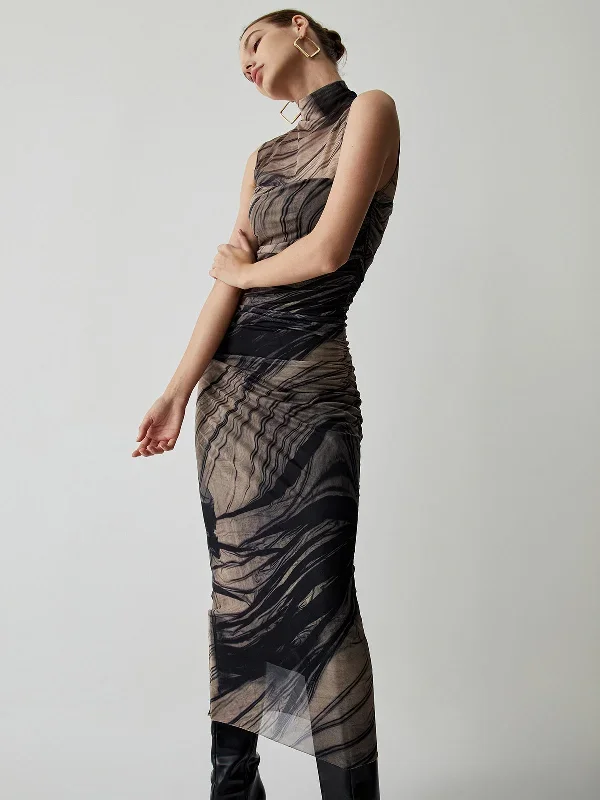 ruched-tulle-mesh-mock-neck-long-dress