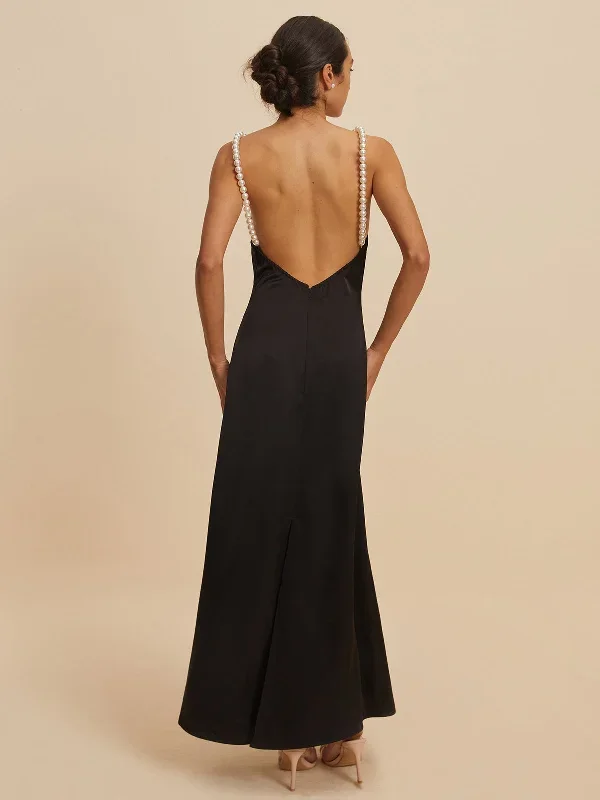 Satin Backless Pearl Strap Dress