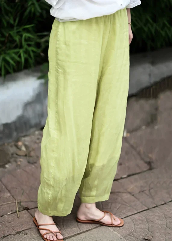 simple-yellow-pockets-elastic-waist-cotton-crop-pants-spring