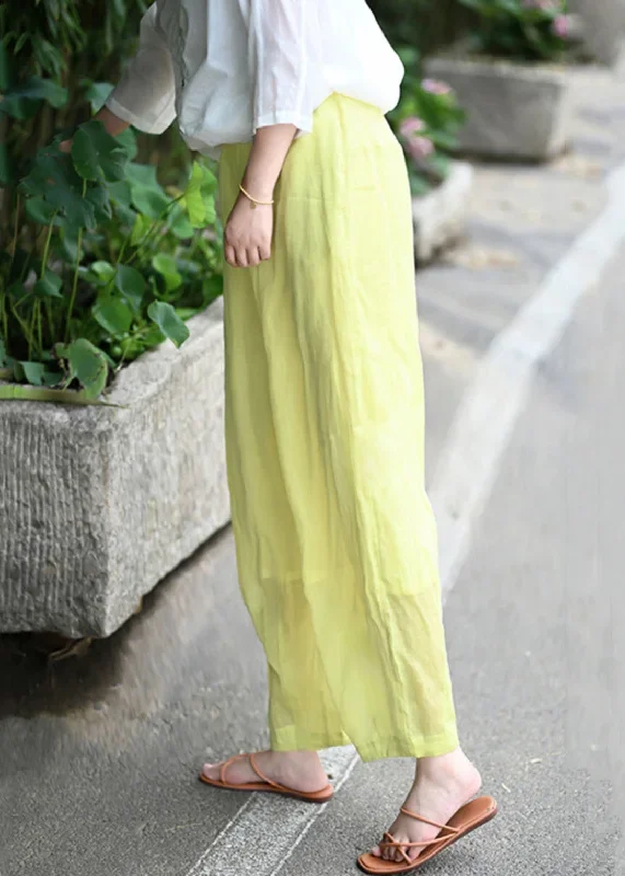 simple-yellow-pockets-elastic-waist-cotton-crop-pants-spring