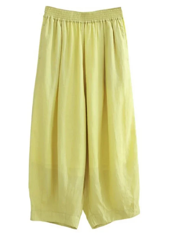 simple-yellow-pockets-elastic-waist-cotton-crop-pants-spring