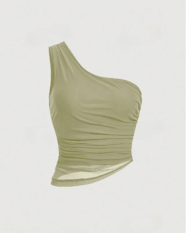 Solid Asymmetrical Neck Ruched Detail Green Crop Top