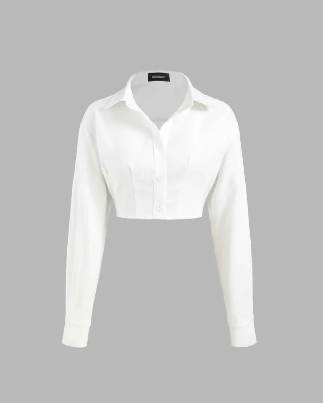 Solid Button Up Collar Long Sleeve Cotton White Crop Top