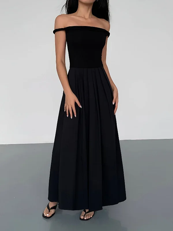 solid-off-shoulder-pleated-long-dress