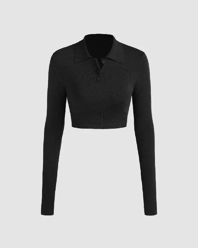 Solid Ribbed Collar Full Sleeve Black Crop Top