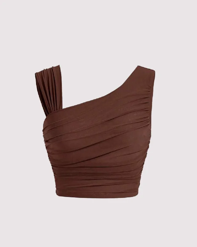 Solid Ruched Asymmetrical Neck Crop Top In Chocolate Brown