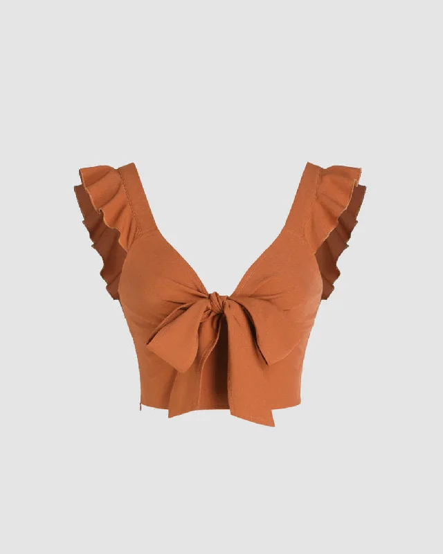 Solid V-Neck Ruffle Knotted Crop Top