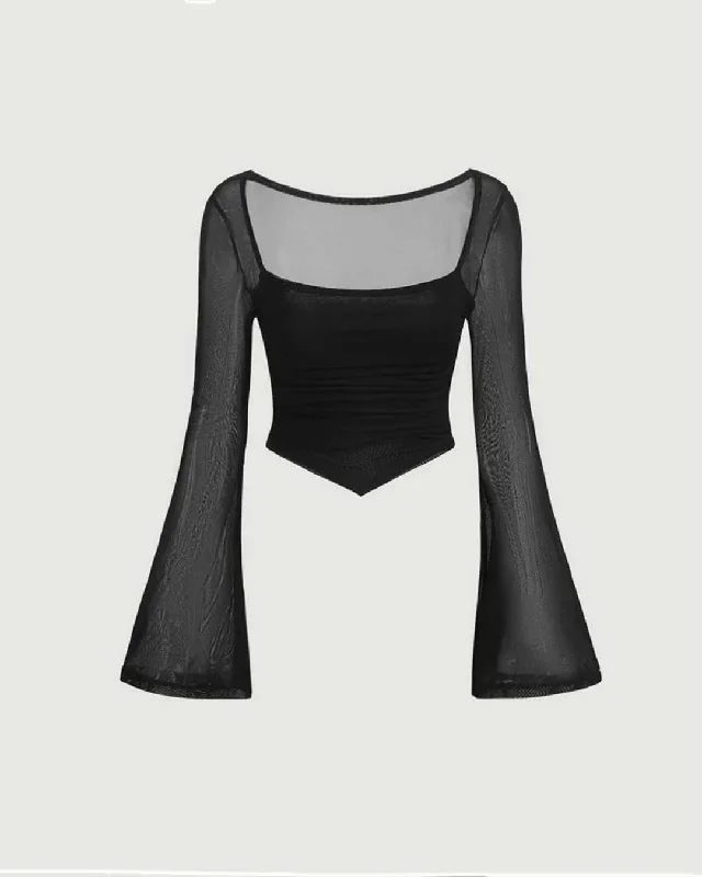 Square Neck Bell Sleeve Asymmetrical Sheer Mesh Black Crop Top