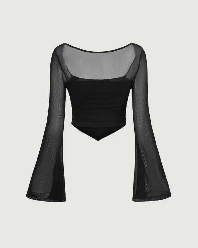 square-neck-bell-sleeve-asymmetrical-sheer-mesh-black-crop-top