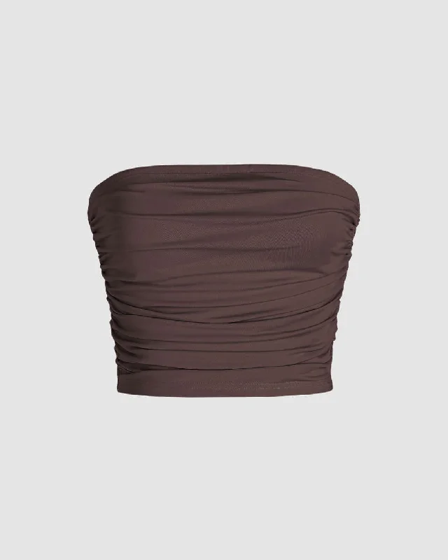 Strapless Ruched Crop Top In Brown