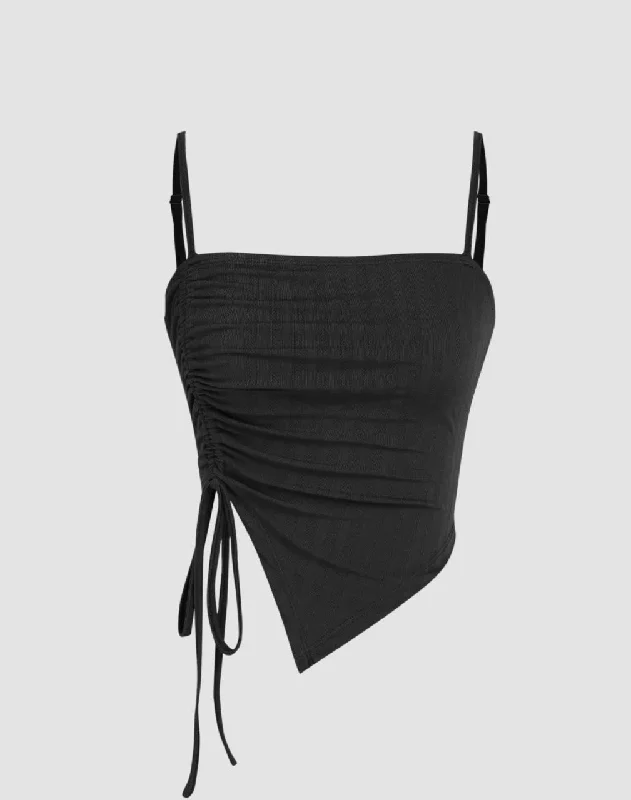 Summer Solid Ruched Drawstring Side  Black Crop Top